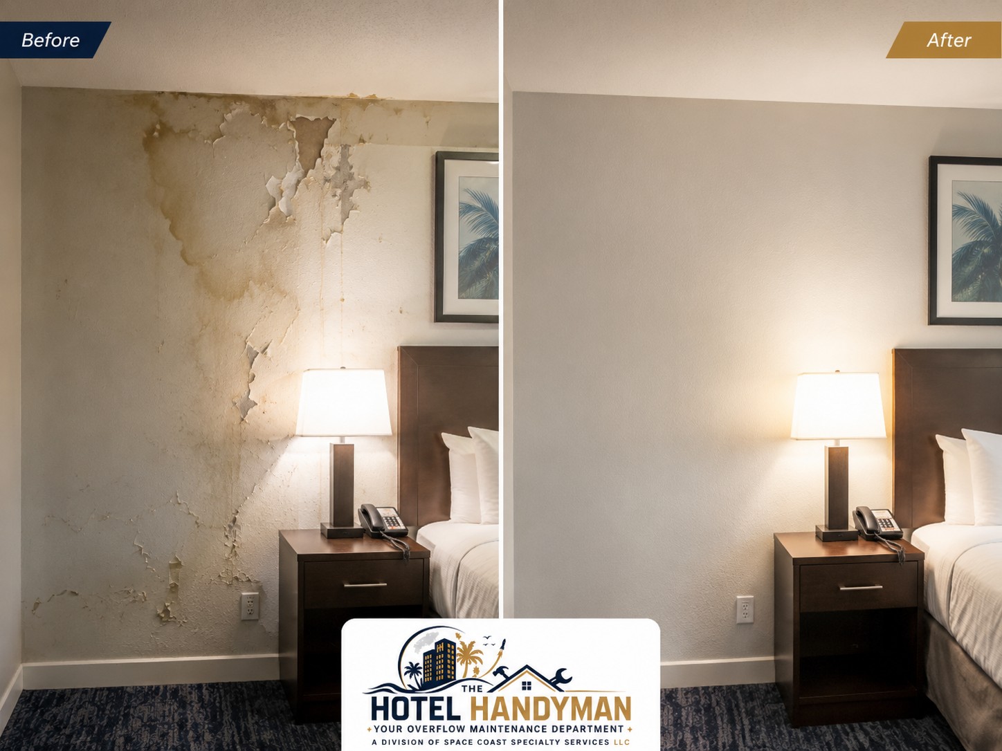 Before and after hotel room wall repair