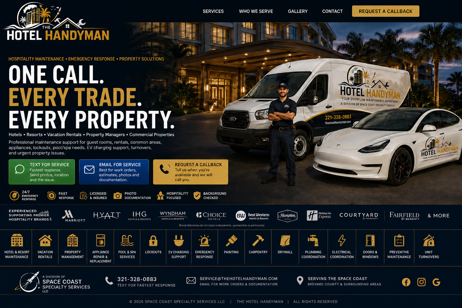 The Hotel Handyman hospitality maintenance services, vehicles, brand experience, and contact information